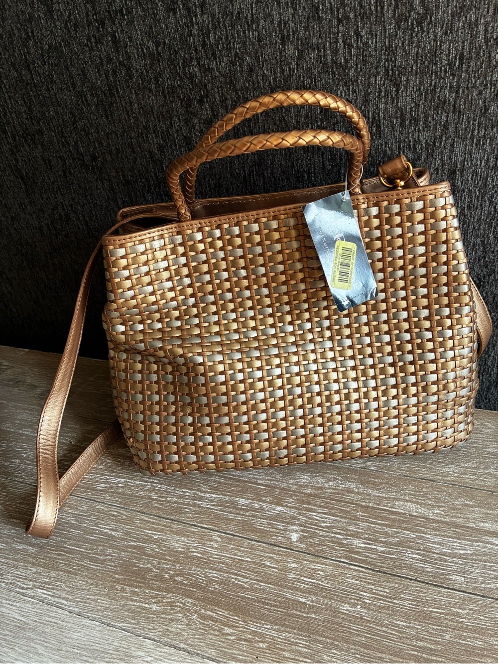 Preston & York Genuine Leather  Woven Metallic Bronze and Silver Satchel